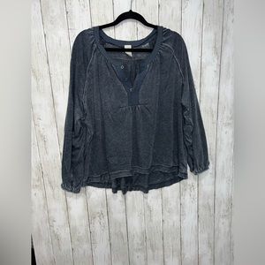 We The Free Puff Sleeve Acid Wash Blouse Button V Neck Medium Oversized Gray